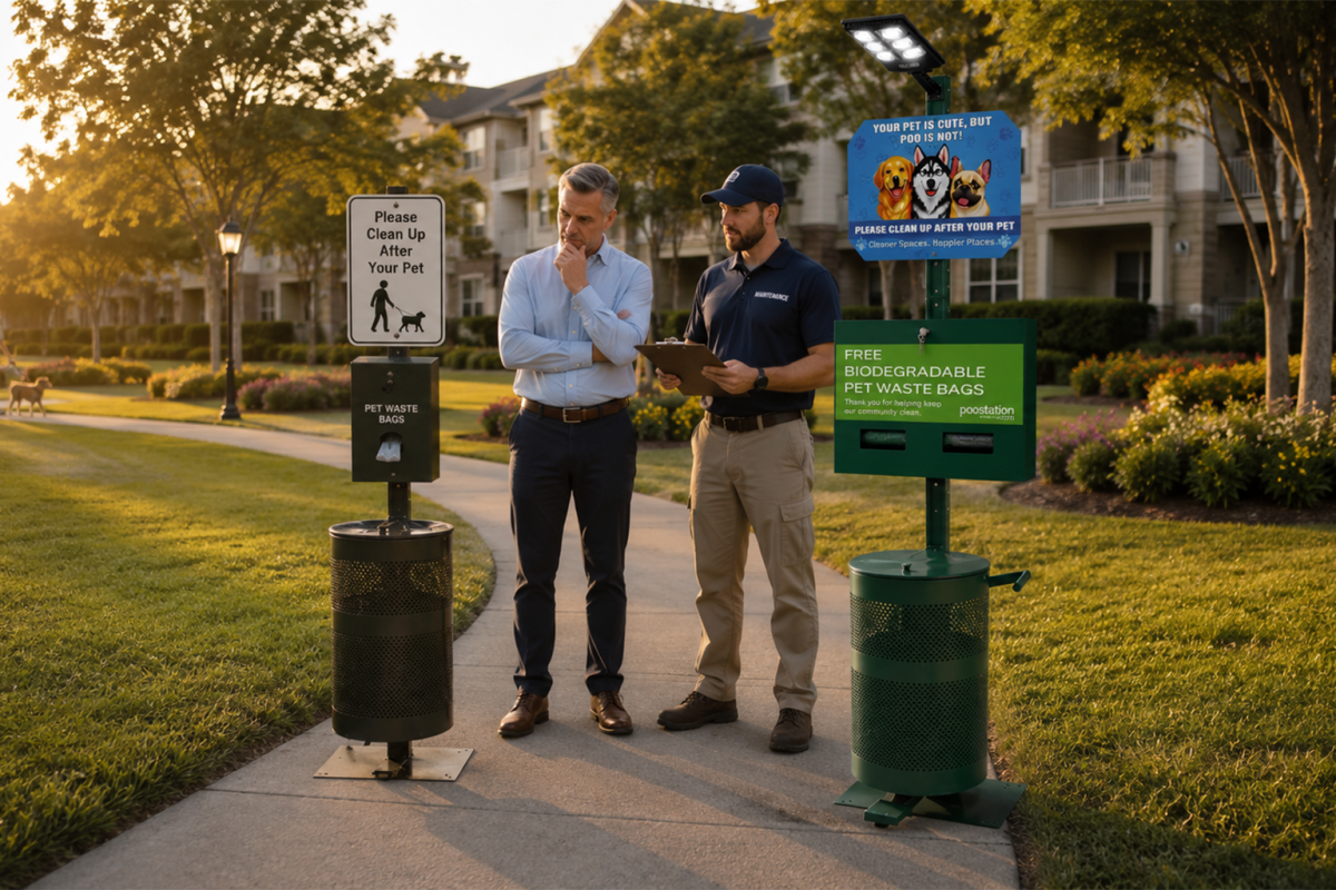 PooStation commercial pet waste station installed in an HOA community.