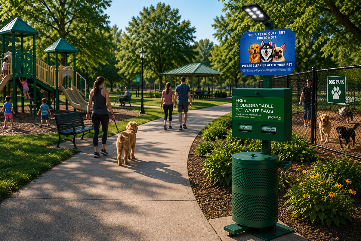 Modern commercial pet waste station installed in a public park beside a walking trail.