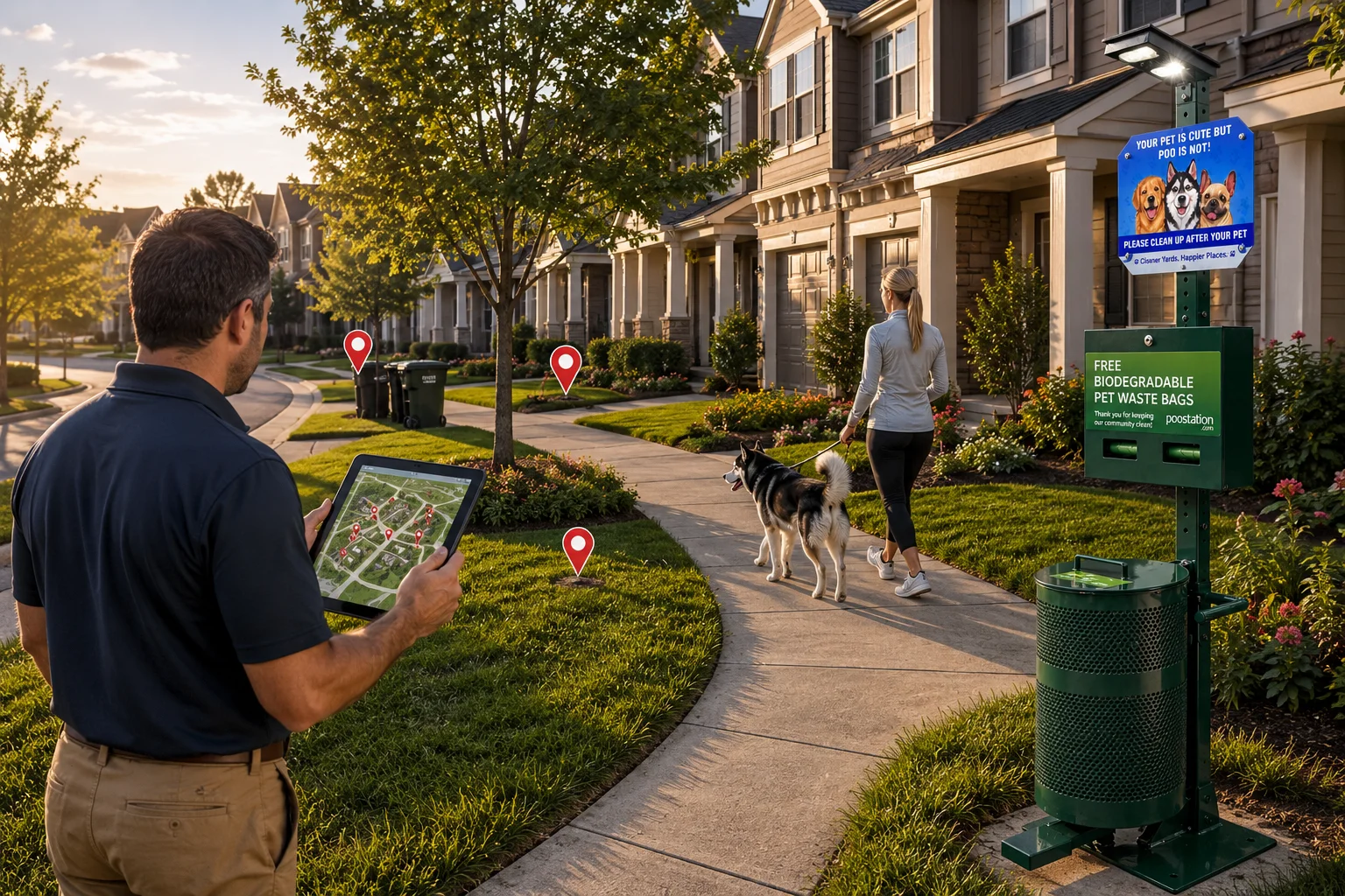 Property manager reviewing pet waste station placement and resident dog-waste complaint patterns